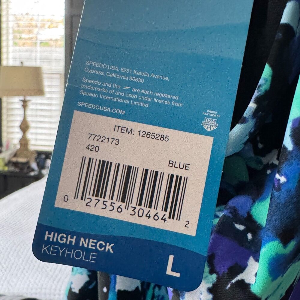 NWT Speedo Women's One Piece Swimsuit -Size Large UPF 50+ High neck keyhole blue - Picture 6 of 6